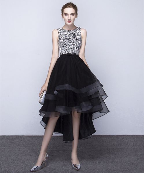 

beaded high low prom dresses 2018 scoop neck prom gowns short front long back party dresses, Black
