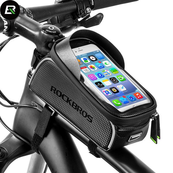 

rockbros mtb road bike bag black waterproof bicycle bag 6.0 touchscreen cycling front tube phone case bike accessories