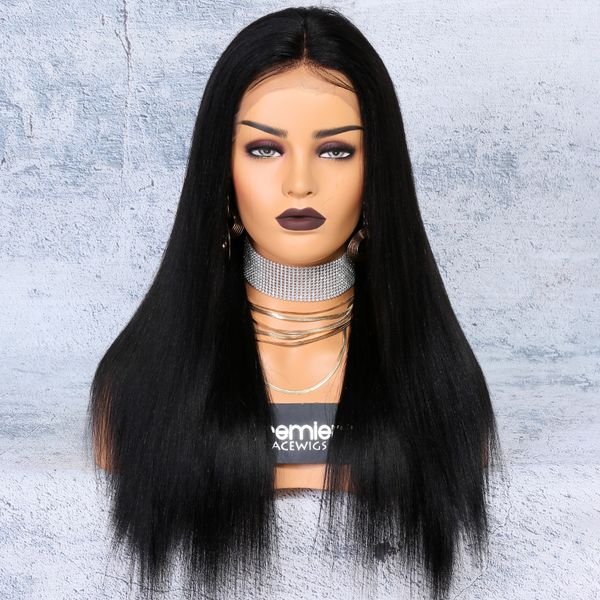 

8a lace front wigs brazilian remy human hair yaki straight 250% density 4.5" deep lace part 12-24inches natural hairline for american, Black;brown