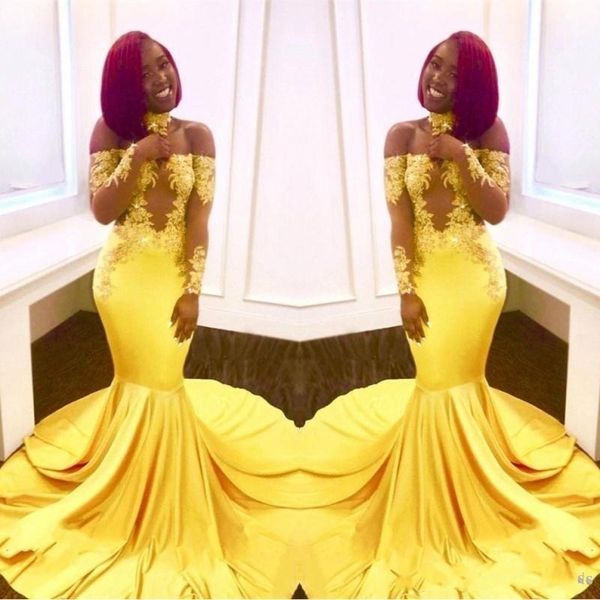 

New Elegant Yellow Off the Shoulder Lace Prom Dresses 2018 Formal Long Sleeves Mermaid Appliques Satin Arabic Evening Gowns