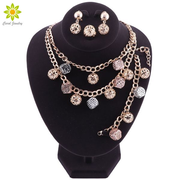

fashion jewelry sets women trendy luxury statement jewelry set ball square gold color elegant dubai set, Slivery;golden