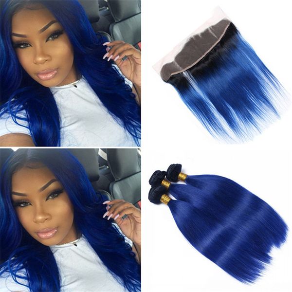 Black Roots Blue Ombre Brazilian Hair Bundles With Frontal Closure