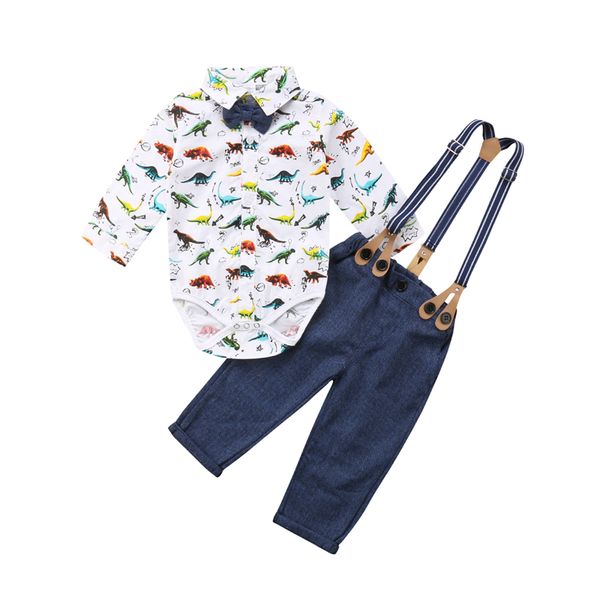 

pudcoco newborn baby boys clothing long sleeve dinosaur gentleman bodysuit denim bib pants girl outfits clothes set, White