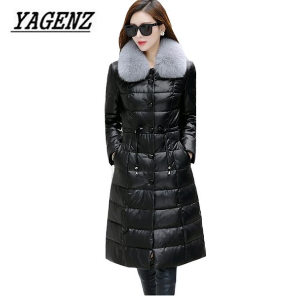 

2017 winter new fur collar down jacket coats high-end slim black medium long leather jacket warm overcoat large size m-5xl