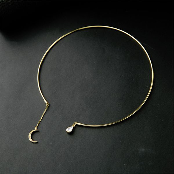 

trendy punk gold color circle necklace with moon & water droplets shape crystal pendant for lady choker necklaces anime jewelry, Silver