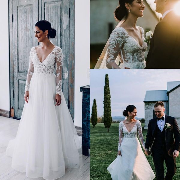 

2018 country beach boho wedding dresses v neck long sleeves tulle lace applique wedding dress bridal gowns vestido de casamento, White