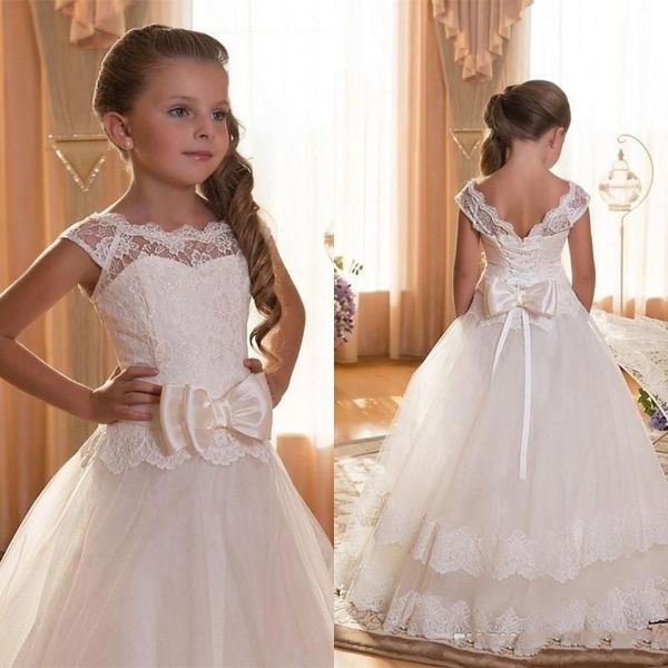 2019 bonito vestidos de primeira comunhão para meninas colher sem costas apliques flor meninas vestido arcos tule vestido de baile vestidos pageant para l321w