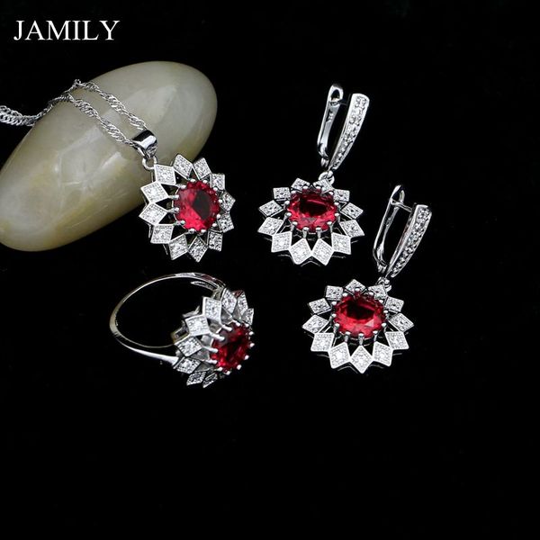 

jamily low price for sale 925 sterling silver necklace earrings pendant ring rose red stone silver wedding decoration for women, Slivery;golden