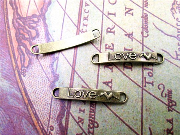 

45pcs--love charms,antique bronze sideways " love " charm connector for bracelet 6x38mm, Bronze;silver