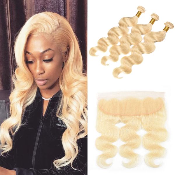 

peruvian human hair weave 613 blonde wefts with frontal 10-24 inch brazilian body wave virgin hair 3 bundles and 13*4 lace frontal extension, Black;brown