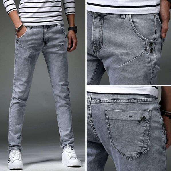 

men slim fit pencil jeans grey long trousers young teenager spring summer pants, Blue
