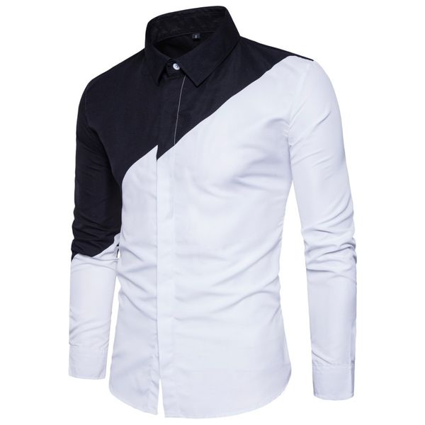 

new black and white stitching men's long-sleeved shirt european and american style slim tide big shirt male, White;black