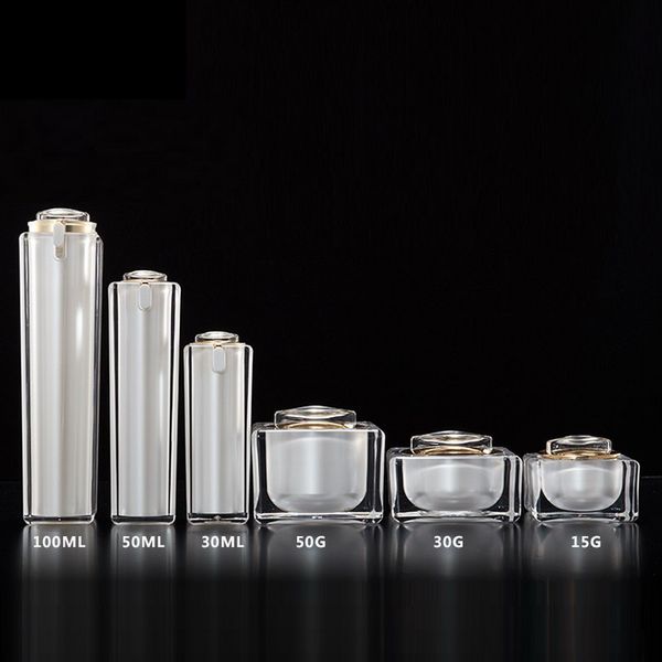 

15g 30g 50g 30ml 50ml 100ml empty square shape acrylic lotion cream jar cosmetic container luxury essence acrylic pump bottle