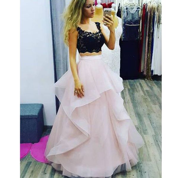 

two piece black and pink a-line tulle lace for teens ball gown prom dress organza homecoming dress