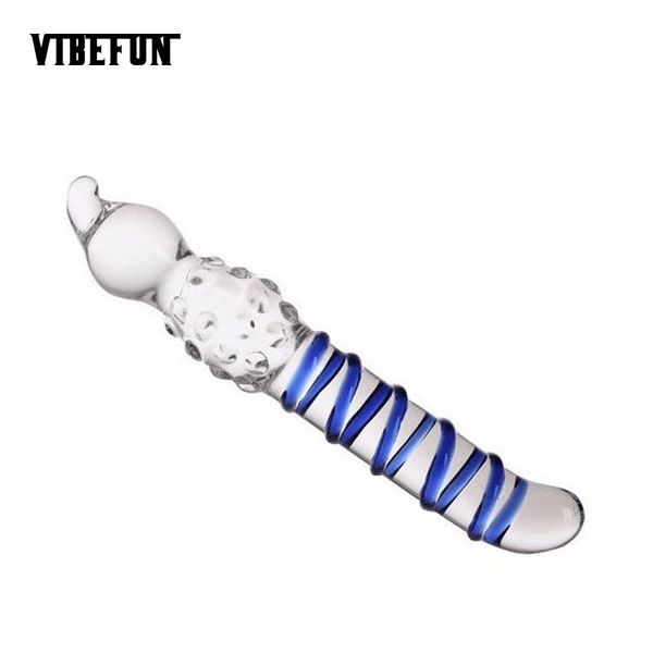 Vibefun 7.6in Azul Onda G-Spot Dildo de Vidro, Brinquedos Sexuais para a mulher Consolador Dildo Enorme de Vidro realista pau, Plug Anal Y18110504