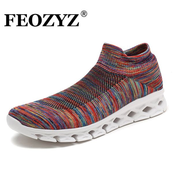 

feozyz new slip on sneakers men knit vamp breathable lightweight running shoes men absorption rainbow sport shoes