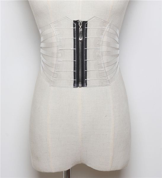 

2018 new fashion transparent laser decorative waist seal fish bone shape design sense pvc elastic belt woman, Black;brown