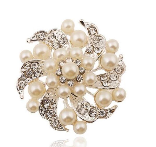 

cream pearl wedding invitation brooches with clear rhinestones silver tone 2 inch, Gray