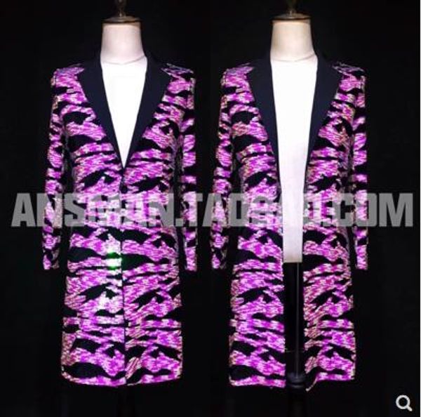 

s-5xl new men clothing fashion singer dj ds fluorescent pink dazzling long suit coat plus size stage performance costumes, White;black
