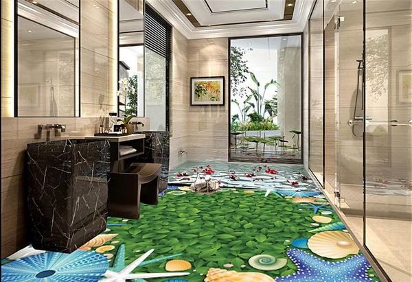 

3d customized wallpaper green leaf starfish shell 3d floor bathroom floor