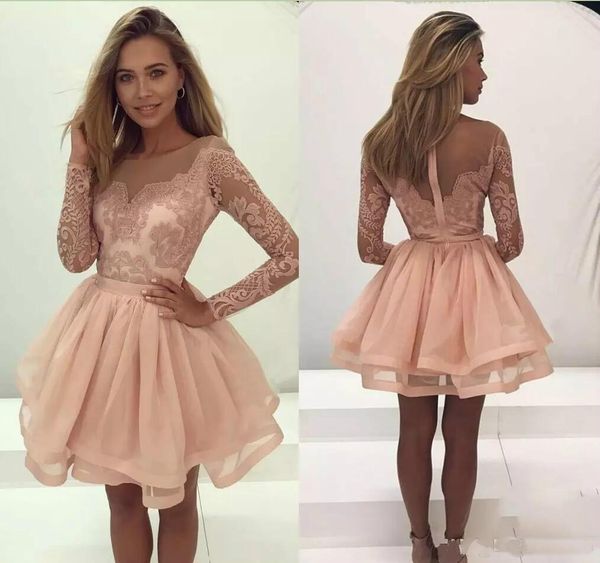 

2018 Elegant Sheer Long Sleeves Lace Applique Homecoming Dresses Scoop Organza Mini Prom Party Dress A Line Cocktail Club Wear