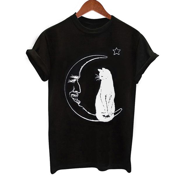 

summer female t shirt fashion cartoon cat and moon print basic women short sleeve black o-neck casual ladies t-shirts, White