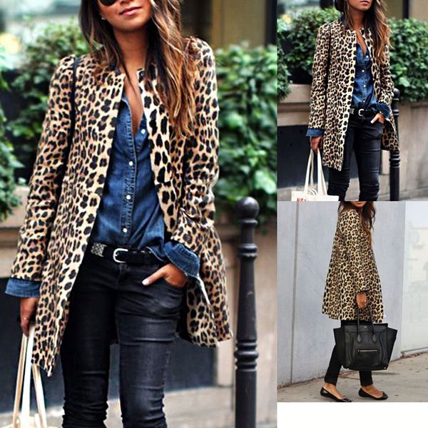 

women coats jackets fashion leopard print long cardigan ladies casual long sleeve trench coats outwear leopard print, Black