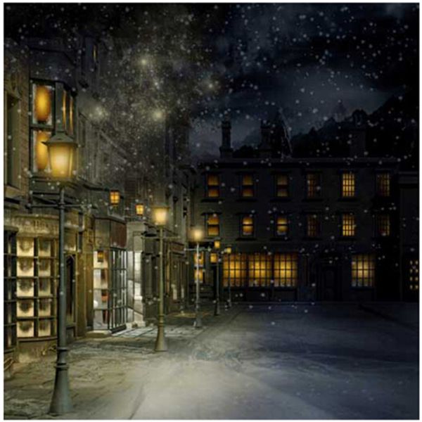 Bokeh caindo flocos de neve noite inverno cênica fundo impresso retro luz de rua casas de natal das crianças da festa de fundo da foto