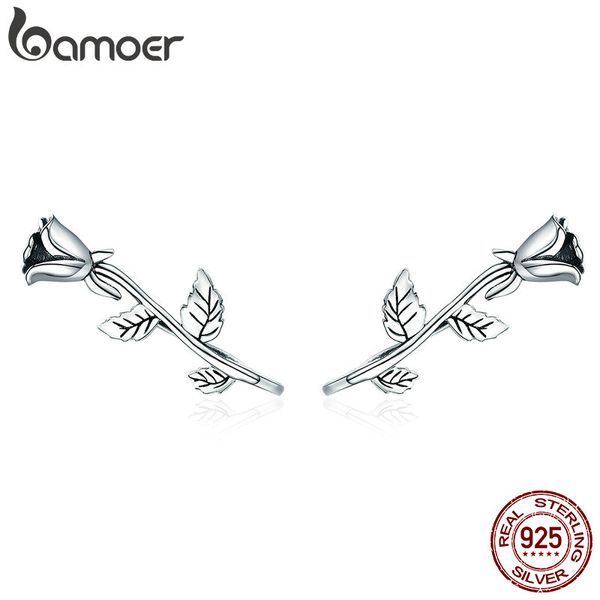 

bamoer authentic 100% 925 sterling silver rose flower plant stud earrings for women sterling silver jewelry mom gift sce380, Golden;silver