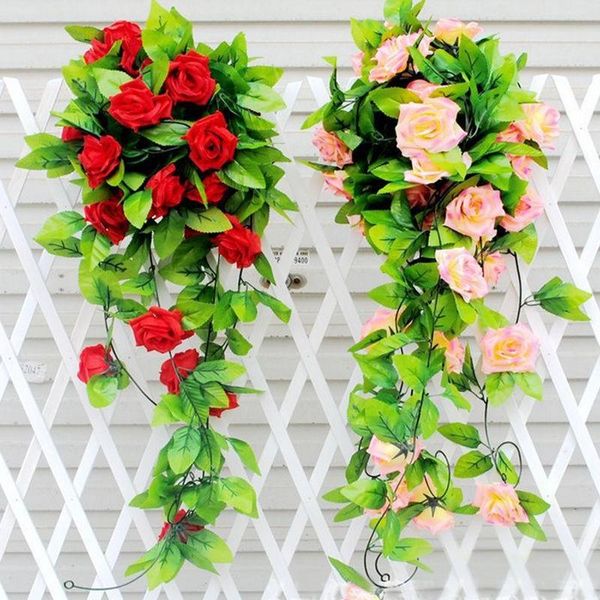 245 centímetros Falso rosas de seda hera videira flores artificiais com folhas verdes para a decoração Home casamento de suspensão Garland Decor