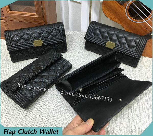 

2018 New Women's Real Leather Long Wallet Black Lambskin Boy Flap Wallet Caviar Clutch purse Note Compartment Card Holder