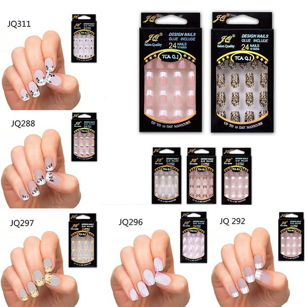 24 pezzi Disegni sbalorditivi Unghie finte francesi Set di unghie finte in resina ABS Punte complete per manicure