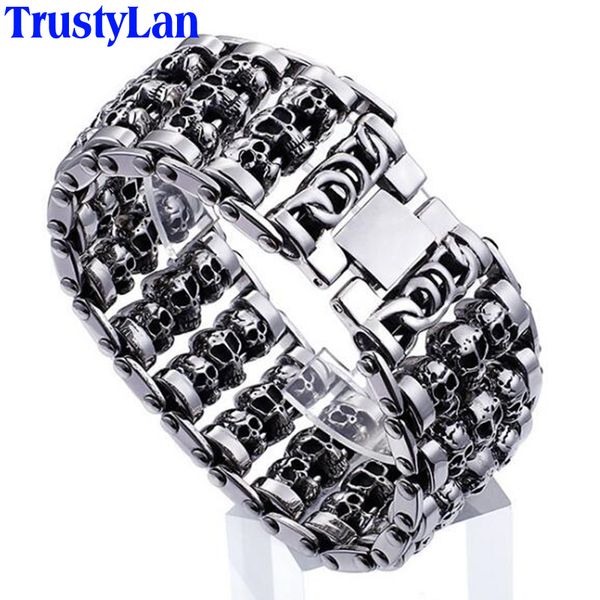 

trustylan solid stainless steel 35mm wide heavy men's skeleton skull bracelet punk rocker ghost bangle biker jewelry bracelets, Black