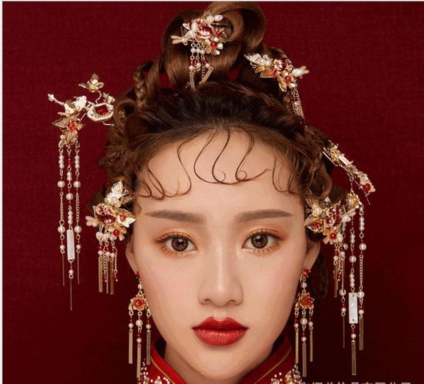 

bridal wedding headwear, wedding toast, accessories, phoenix crown, crown, dragon, phoenix and hang hair ornaments, Slivery;golden