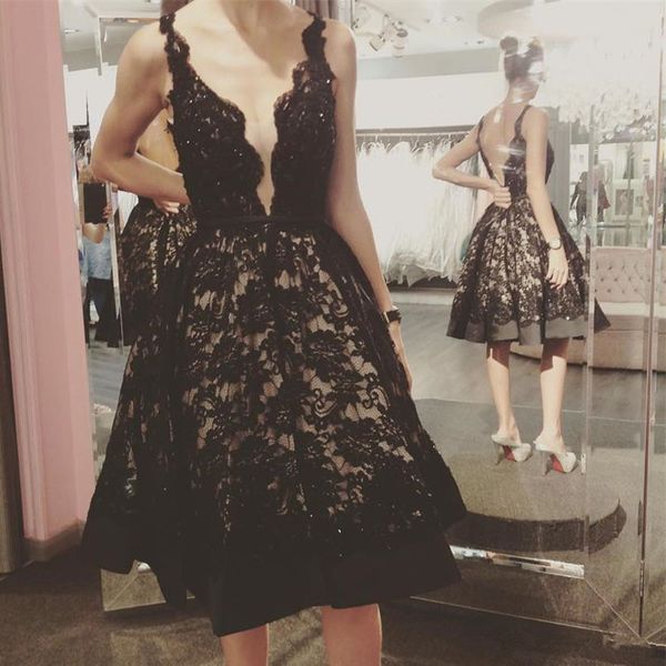 

knee length prom dresses red black lace plunging deep v neck sleeveless backless short evening party formal gowns custom made