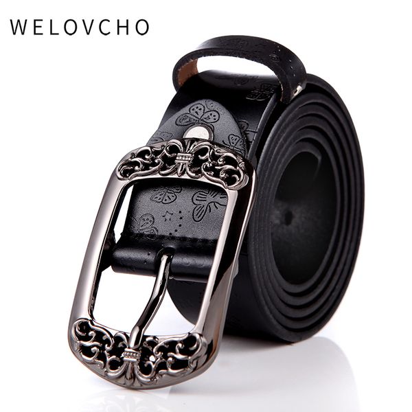 

welovcho genuine leather belts for women, vonsely soft leather womens lady belts with pin buckle flower of butterfly embossed, Black;brown