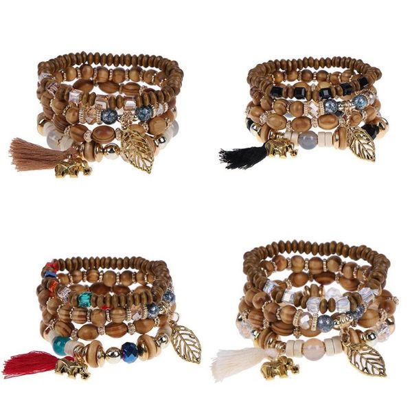 

4pcs/set multilayer wood beads tassel and leaf charm jewelry strand stretch boho yoga mala bracelets bangles chain for women, Black