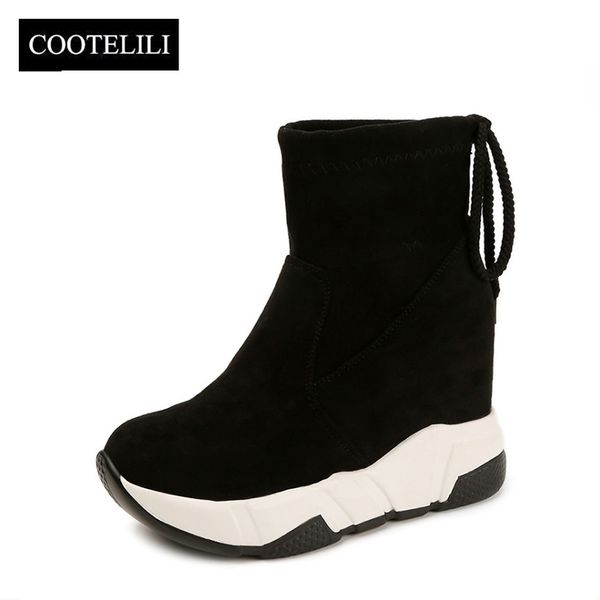 

cootelili women ankle boots platforms shoes woman high heels inside height increasing faux suede boots lace up sneakers 35-39, Black