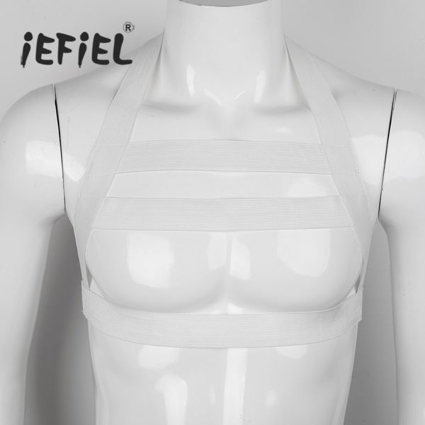 

iefiel men lingerie nylon halter backless elastic body chest harness costume belt elastic wide straps nightclub party bondage, Black