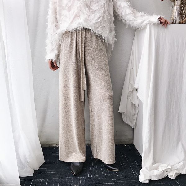 

new men fashion casual knitting wide leg pant retro style elastic waist loose comfortable pants male solid harem trousers, Black