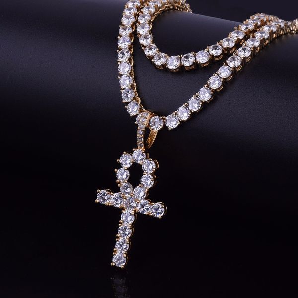 

men's/women hip hop jewelry zircon ankh cross pendant necklace 3mm tennis chain bling cubic zircon for gift drop shipping, Silver