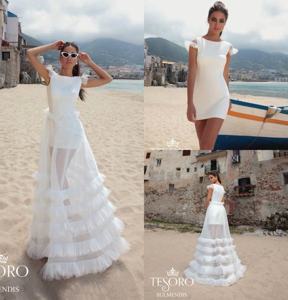 

2019 short wedding dresses with detachable overskirt jewel neck short sleeve simple lace wedding dress custom made beach bridal gowns, White