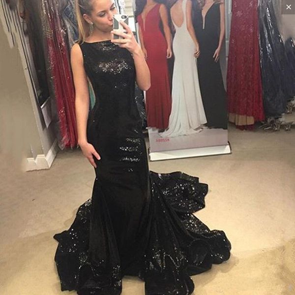 

shinning black mermaid prom dresses sequined sleeveless count train cocktail party dress custom made zipper homecoming dress cheap