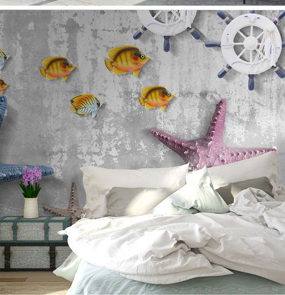 

custom retail 3d stereo mediterranean style starfish tv background wall painting various starfish small fish murals