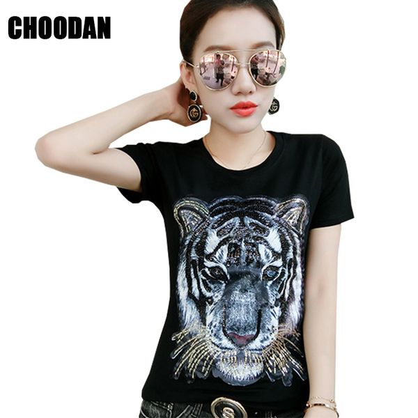 

women tees tiger print sequined short sleeve t shirt female summer fashion 2018 white/black shirts casual fitness clothing