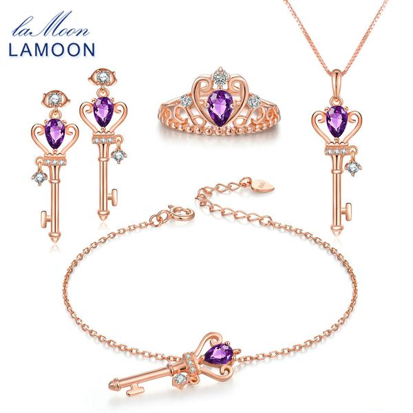 

lamoon 4pcs jewelry sets for women s925 sterling silver natural amethyst gems keys crown fine jewellery wedding gift set v010-1, Black