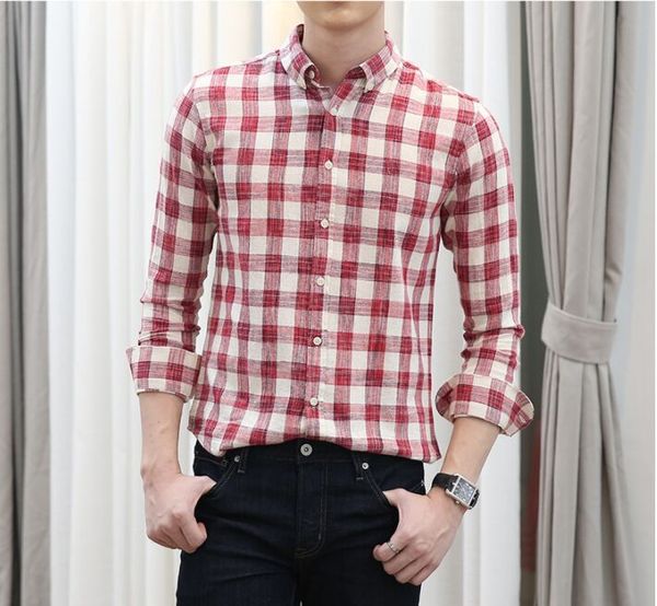 

discount promotion new men's long-sleeved lapel slim plaid shirt literary fashion casual shirt fashion youth trend men's, White;black