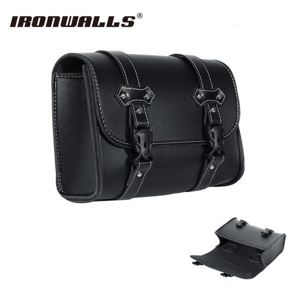 

ironwalls black pu leather motorcycle saddle bag front tail barrel pannier tool luggage pouch bags for sportster