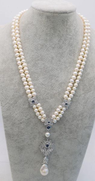 

2rows freshwater pearl white near round 7-8mm &reborn keshi pendant 19-20inch wholesale nature beads fppj bowknot hooks, Silver