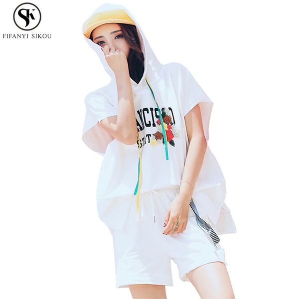 

summer casual women suit printing hooded short sleeve drawstring shorts two piece set women set lgp458, White